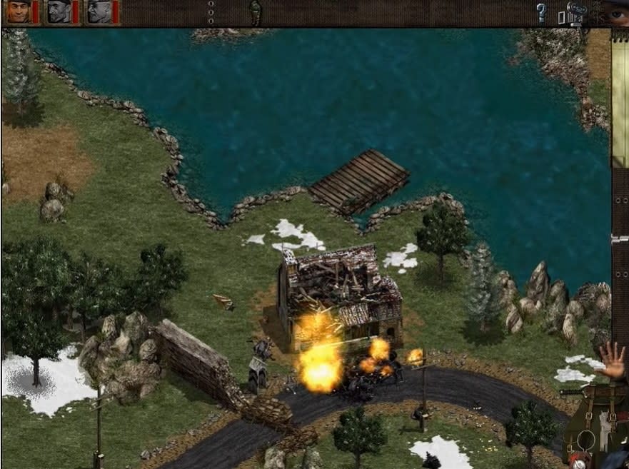 An overhead view of a commando having blown an enemy building