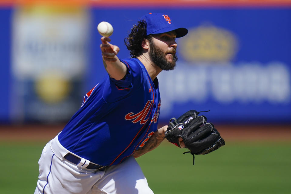 New York Mets' Trevor Williams pitches during the first inning in the first baseball game of a doubleheader against the St. Louis Cardinals, Tuesday, May 17, 2022, in New York. (AP Photo/Frank Franklin II)