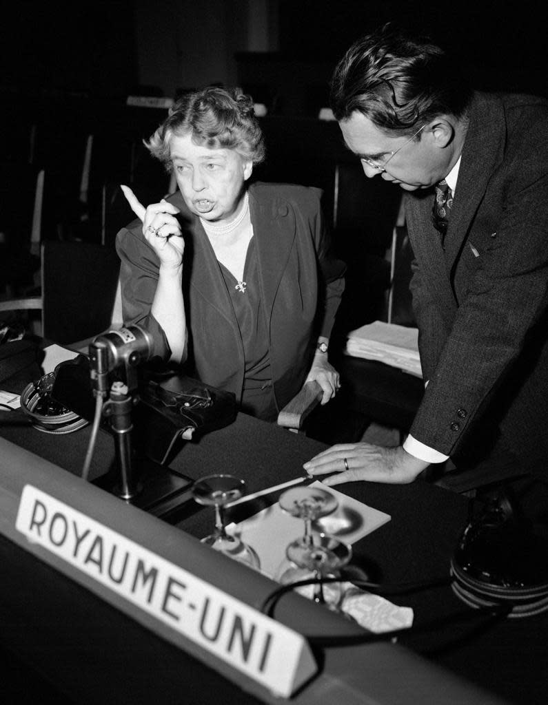 Mrs. Eleanor Roosevelt, widow of the late President Franklin D. Roosevelt, gestures during a discussion at a United Nations Social Committee session in Paris, France, Oct. 11, 1948, her 64th birthday.