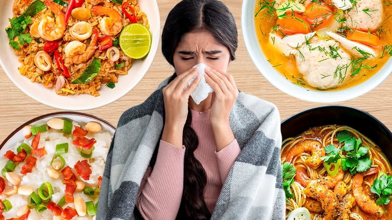 woman with shawl and tissues with ramen matzoh ball soup and congee