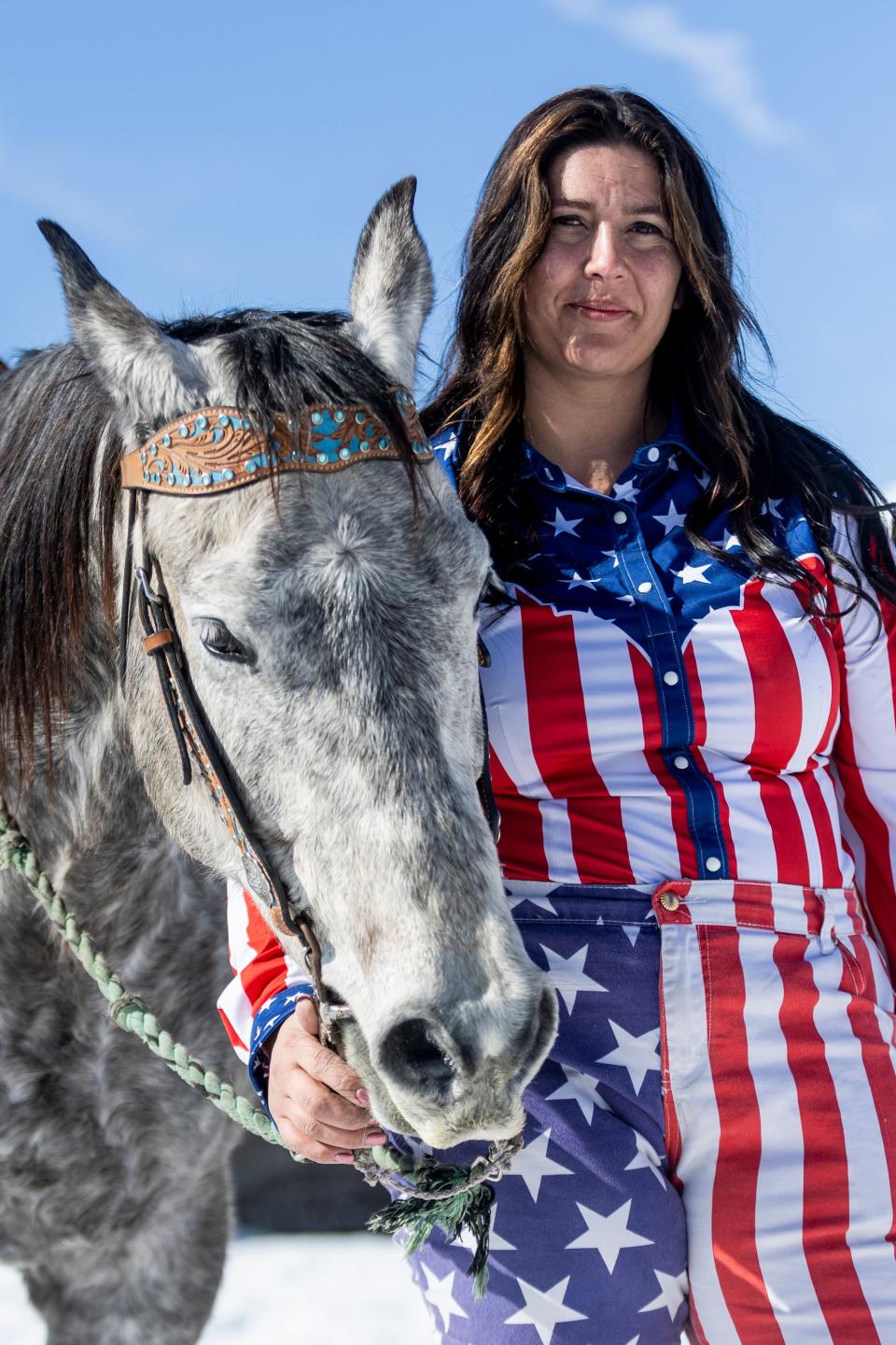 Shelby Moore poses for a portrait during the 2024 Utah Skijoring competition at the Wasatch County Event Complex in Heber City on Saturday, Feb. 17, 2024. | Marielle Scott, Deseret News