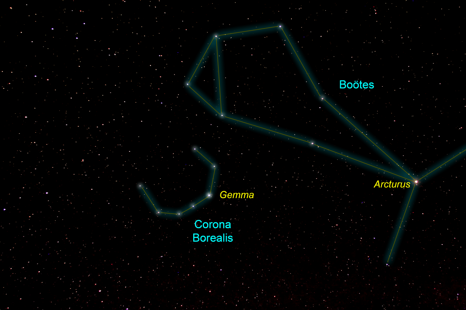 The kite-shaped constellation of Bootes the Herdsman positions the bright star Arcturus at the tapered end of the kite  - Credit: PETE LAWRENCE