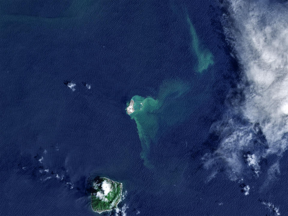 OGASAWARA, JAPAN - 2 SEPTEMBER 2021: A aerial view of the right isle from the new island of the recent volcanic eruption of Fukutoku-Okanoba erodes. Image two of a series. (Photo by Gallo Images/USGS/NASA Landsat data processed by Orbital Horizon)