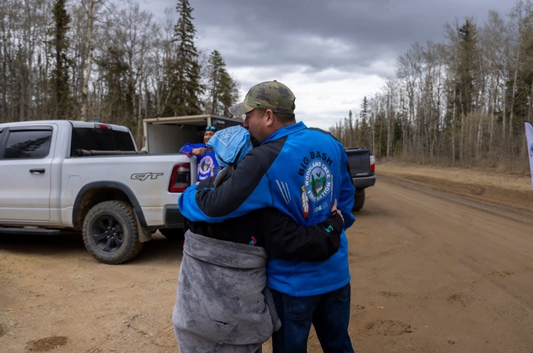 Members of the Woodland Cree First Nation have erected a camp blocking access to  drilling leases in northern Alberta.  (Submitted by Paul Lavoie - image credit)