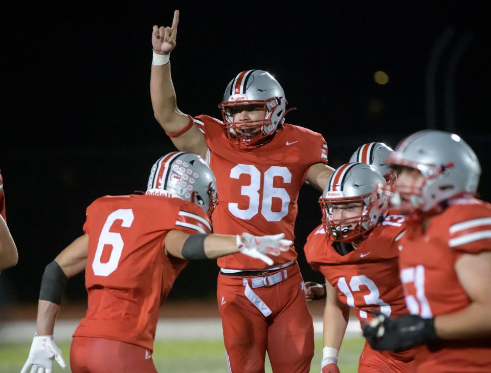 Gideon Snyder (36) and the Morton Potters celebrate a play against Pekin in the second half of their Week 5 high school football game Friday, Sept. 27, 2024 in Morton. The Dragons edged the Potters 27-24.