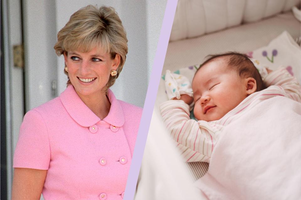  A collage of Princess Diana and a sleeping baby. 