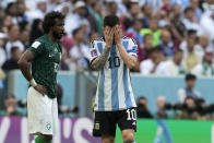 Argentina's Lionel Messi reacts disappointed during the World Cup group C soccer match between Argentina and Saudi Arabia at the Lusail Stadium in Lusail, Qatar, Tuesday, Nov. 22, 2022. (AP Photo/Natacha Pisarenko)