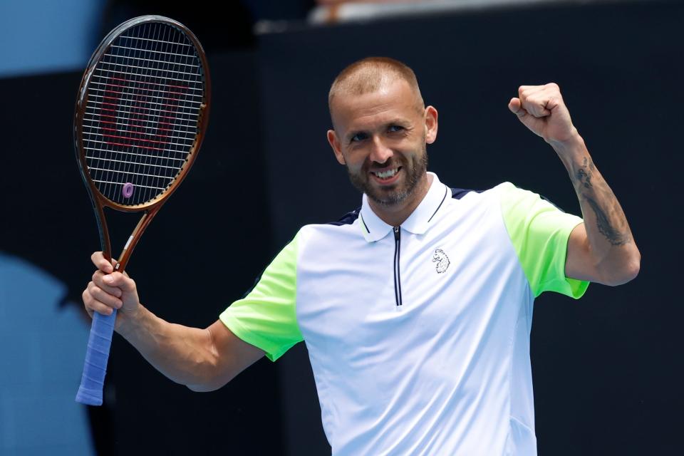 Dan Evans celebrates victory over Jeremy Chardy (Asanka Brendon Ratnayake/AP) (AP)