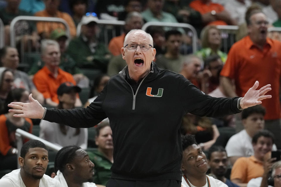 Miami head coach Jim Larrañaga reacts to a call during the first half of an NCAA college basketball game against Virginia Tech, Tuesday, Jan. 31, 2023, in Coral Gables, Fla. (AP Photo/Marta Lavandier)