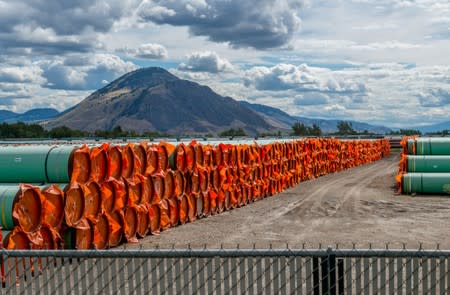 Steel pipe for Canadian government’s Trans Mountain Expansion Project lies at a stockpile site in Kamloops