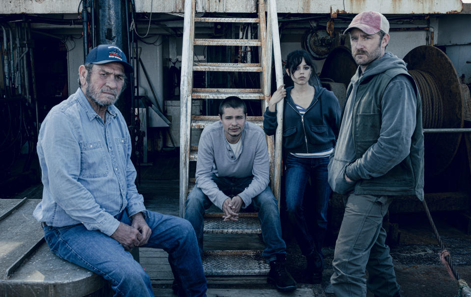 Tommy Lee Jones as Ray, Toby Wallace as Charlie, Jenna Ortega as Mabel and Ben Foster as Tom in Finestkind (Paramount+)