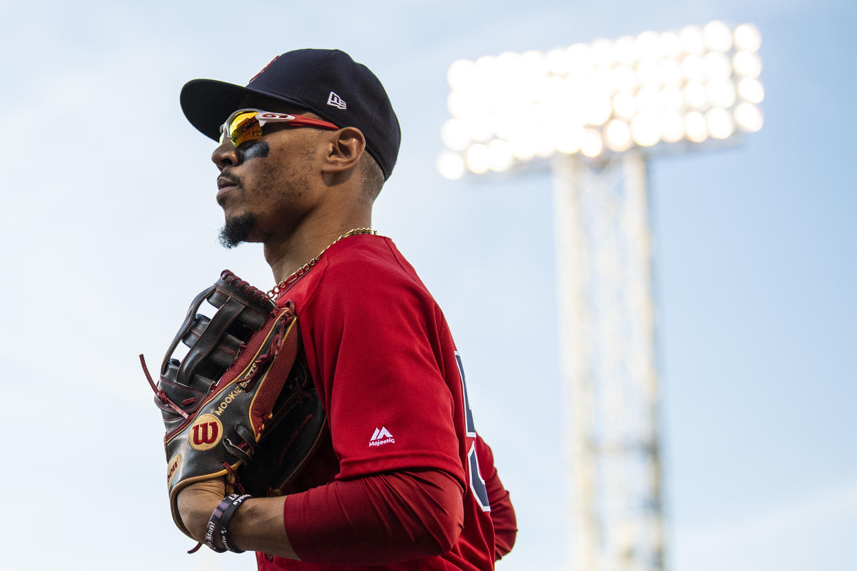 BOSTON, MA - SEPTEMBER 28: Mookie Betts #50 of the Boston Red Sox runs into the dugout during the fifth inning of a game against the Baltimore Orioles on September 28, 2019 at Fenway Park in Boston, Massachusetts. (Photo by Billie Weiss/Boston Red Sox/Getty Images)