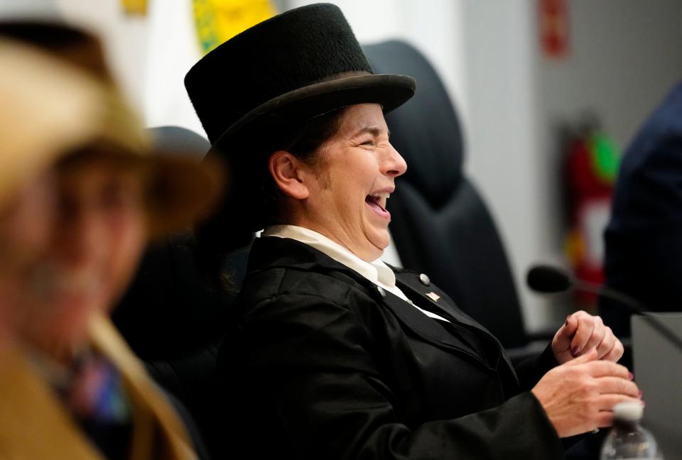 Maria Moroni-Zotto is dressed as councilman William F. Hill, during the reenactment of the first council meeting, Tuesday, March 5, 2024. Hill was one of the original councilmen from Fair Lawn. The first council meeting originally took place 100 years ago this week.