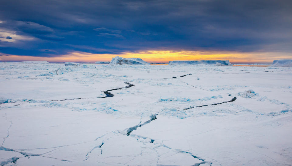 Sea ice in the weddell sea during sunset.