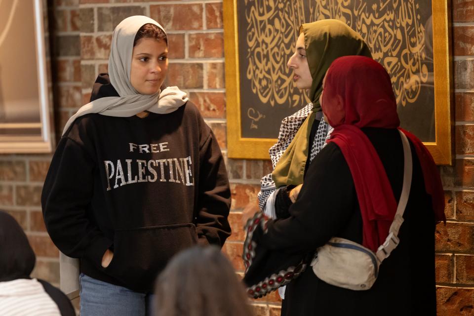 People gather during "Stories from Gaza and Prayers for Palestine" on Friday at the Islamic Society of Greater Oklahoma City's Mercy Mission Building.