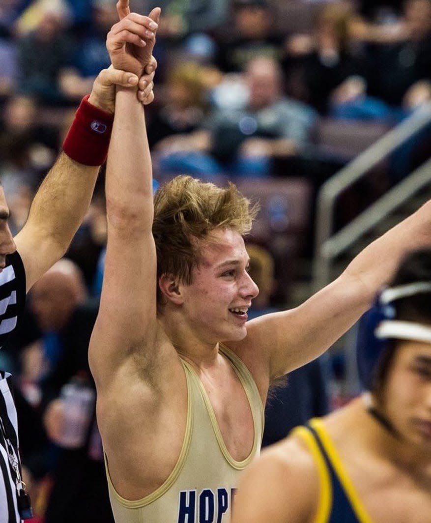 Hopewell senior Jacob Ealy celebrates his 7-5 win over Kenny Kiser of Saegertown in the 138-pound championship match at the PIAA Class AA Wrestling Tournament in Hershey on Saturday. [Submitted photo]