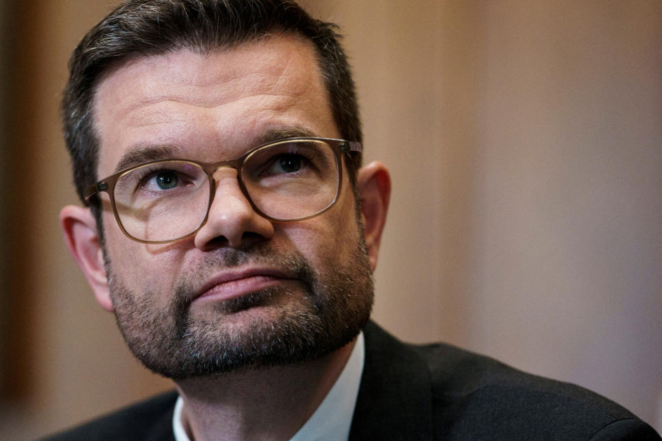 German Minister of Justice Dr. Marco Buschmann listens during a news conference following a bilateral meeting with U.S. Attorney General Merrick Garland at the Department of Justice in Washington, D.C. on October 20, 2022. Sarah Silbiger/Pool via REUTERS