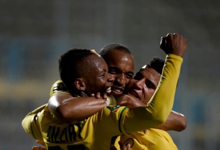 Mamelodi Sundowns players celebrate after scoring against Zamalek during their African Champions League group stage match, at Petro Sport stadium in Cairo, Egypt, on 17 July 2016