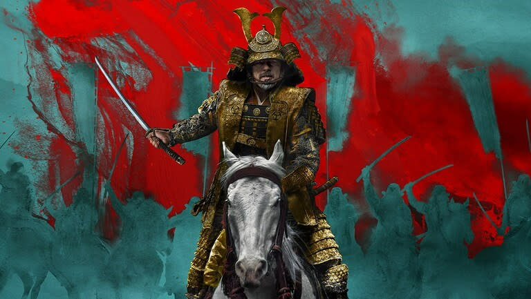 Shogun key art of a Samurai in gold armour riding a horse with a teal and red background. 