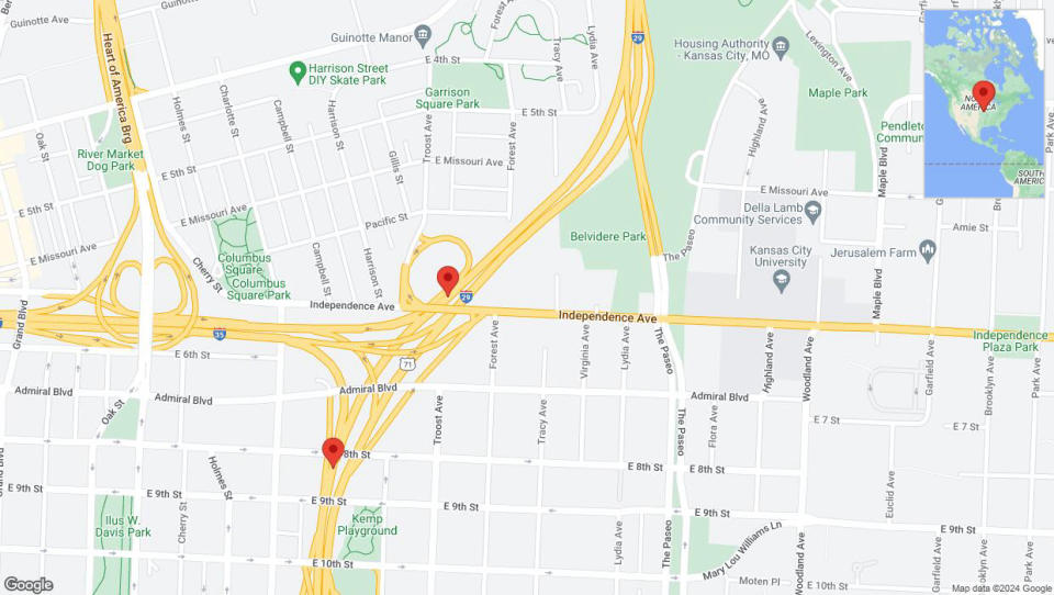 A detailed map that shows the affected road due to 'Heavy rain prompts traffic warning on southbound US-71 South in Kansas City' on July 1st at 12:42 p.m.