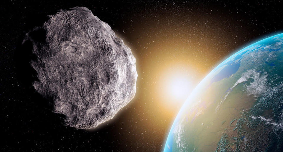 An asteroid shown approaching Earth as NASA warns of a 2000 QW7 coming close.