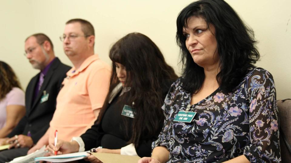 Jodi Heffington, right, at a 2018 parole hearing for Fred Woods, went to almost all of the parole hearings for the three convicted kidnappers.  / Credit: George Osterkamp