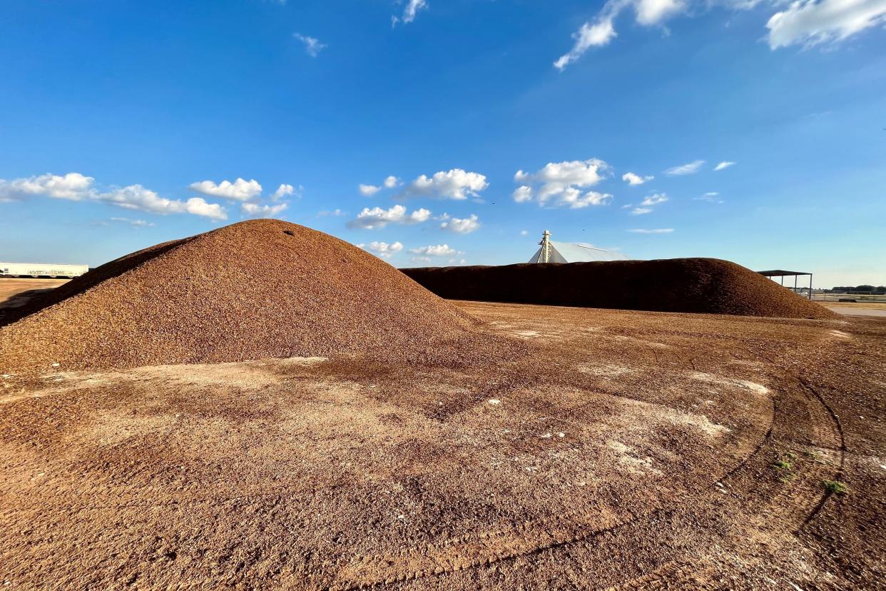 Large piles of almond hulls sit out at Penny-Newman Grain Co. on Monday, Aug. 28, 2023 in Levelland.