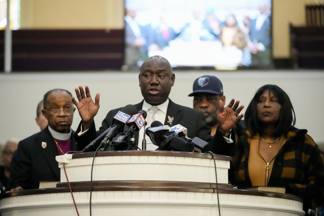 Civil rights Attorney Ben Crump speaks at a press conference with RowVaughn Wells, mother of Tyre Nichols, who died after being beaten by Memphis police officers, and Tyre's stepfather Rodney Wells, at a news conference with in Memphis, Tenn., Friday, Jan. 27, 2023. Left is Bishop Henry Williamson of the CME Church. (AP Photo/Gerald Herbert)