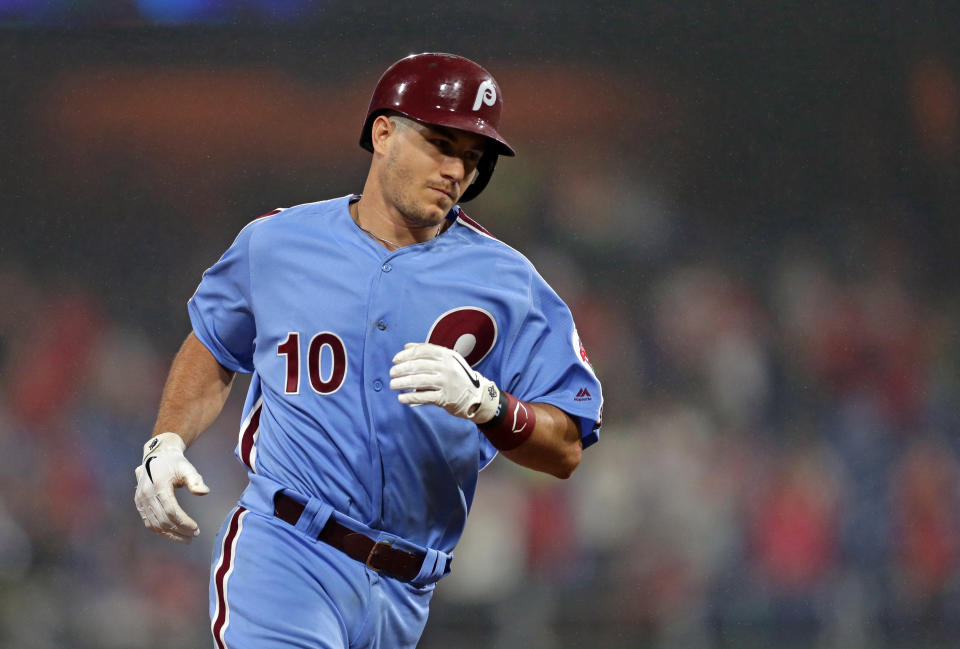 PHILADELPHIA, PA - SEPTEMBER 12: J.T. Realmuto #10 of the Philadelphia Phillies during a game against the Atlanta Braves at Citizens Bank Park on September 12, 2019 in Philadelphia, Pennsylvania. The Phillies won 9-5. (Photo by Hunter Martin/Getty Images)