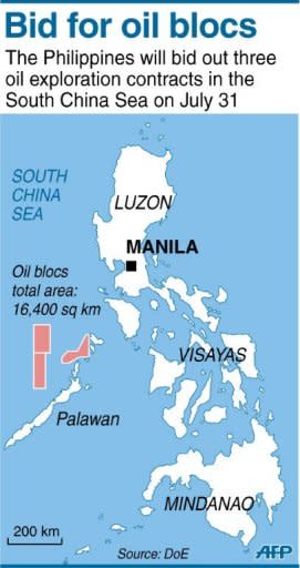 A map of the Philippines locating the three oil exploration contracts in the South China Sea that will be bidded out on July 31, according to an official