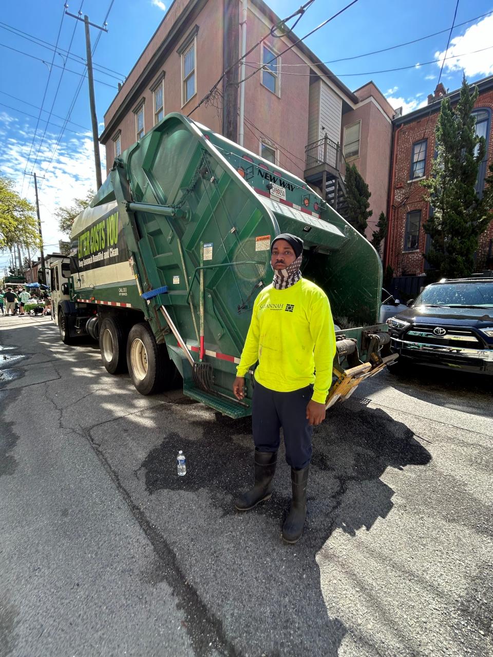 City of Savannah waste management worker Jerry Harden Jr. awaits the end of the parade. He has been on the clock since 3am and will wrap sometime this afternoon. He’s hoping folks bag all their trash to make his job easier.