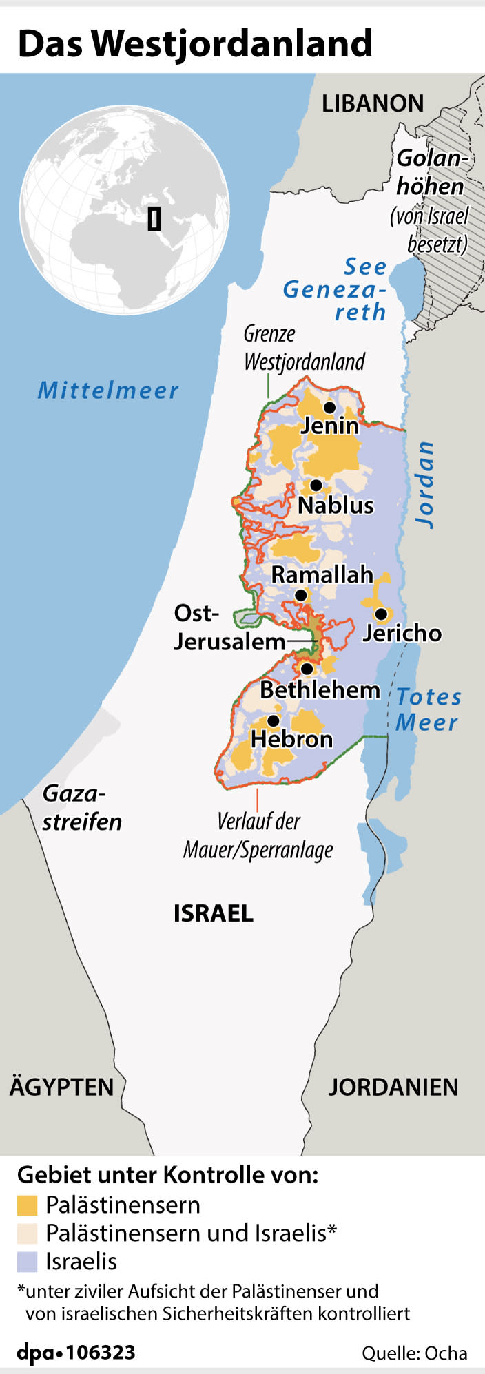 Das Westjordanland. (Grafik: J. Reschke, Redaktion: A. Brühl/D. Loesche)