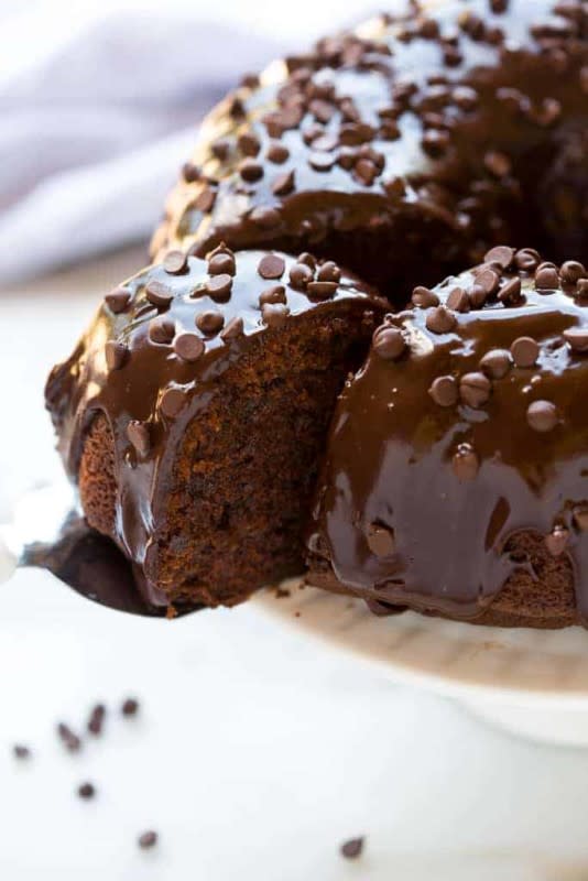 <p>Tastes Better from Scratch</p><p>This easy homemade chocolate bundt cake recipe is heavenly, topped with chocolate ganache and mini chocolate chips.</p><p><strong>Get the recipe: <a href="https://tastesbetterfromscratch.com/chocolate-bundt-cake/" rel="nofollow noopener" target="_blank" data-ylk="slk:Chocolate Bundt Cake;elm:context_link;itc:0;sec:content-canvas" class="link ">Chocolate Bundt Cake</a></strong></p>