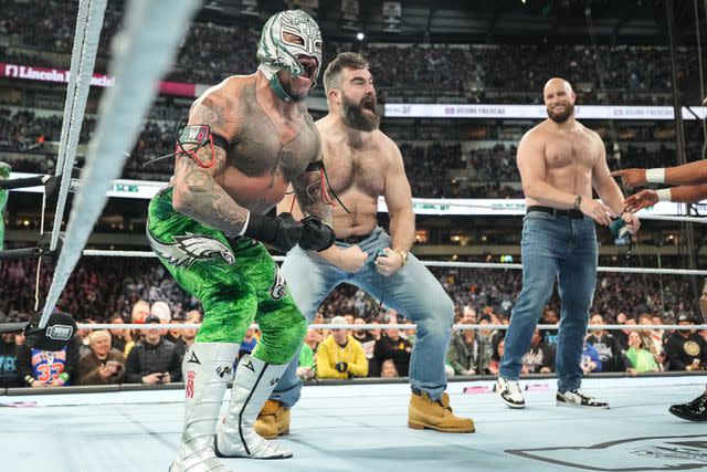 <p>WWE/Getty</p> Jason Kelce at Wrestlemania.