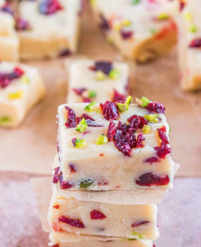 <p>The Country Cook</p><p>A holiday treat with Christmas colors included.</p><p><strong>Get the recipe: <a href="https://www.thecountrycook.net/white-chocolate-cranberry-pistachio-fudge-recipe/" rel="nofollow noopener" target="_blank" data-ylk="slk:White Chocolate Cranberry Pistachio Fudge;elm:context_link;itc:0;sec:content-canvas" class="link ">White Chocolate Cranberry Pistachio Fudge</a></strong></p>