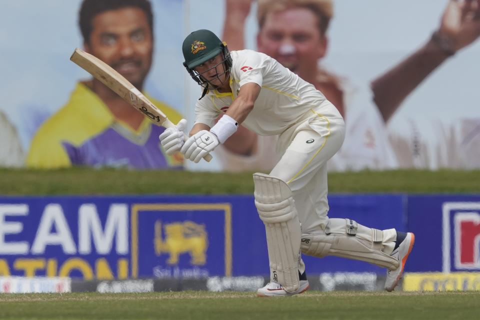 Australia's Marnus Labuschagne plays a shot during the first day of the second cricket test match between Australia and Sri Lanka in Galle, Sri Lanka, Friday, July 8, 2022. (AP Photo/Eranga Jayawardena)