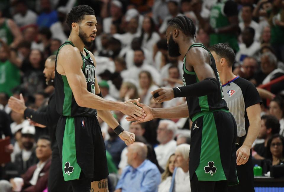Boston's Jayson Tatum (left) and Jaylen Brown (right) are playing in the NBA Finals for the first time.