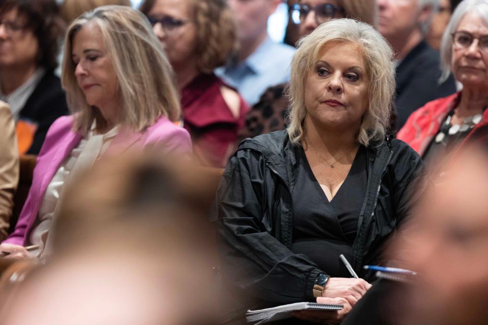 Jan 31, 2023; Walterboro, SC, USA; Television journalist Nancy Grace listens to Alex Murdaugh’s trial for murder at the Colleton County Courthouse on Wednesday, February 1, 2023. Mandatory Credit: Joshua Boucher/Pool via USA TODAY NETWORK