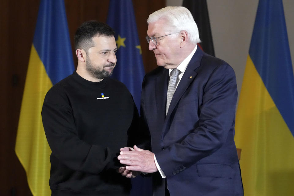 Germany's President Frank-Walter Steinmeier, right, greets Ukraine's Pesident Volodymyr Zelenskyy at Bellevue Palace in Berlin, Germany, Sunday, May 14, 2023. Ukrainian President Volodymyr Zelenskyy arrived in Berlin early Sunday for talks with German leaders about further arms deliveries to help his country fend off the Russian invasion and rebuild what's been destroyed by more than a year of devastating conflict. (AP Photo/Matthias Schrader)