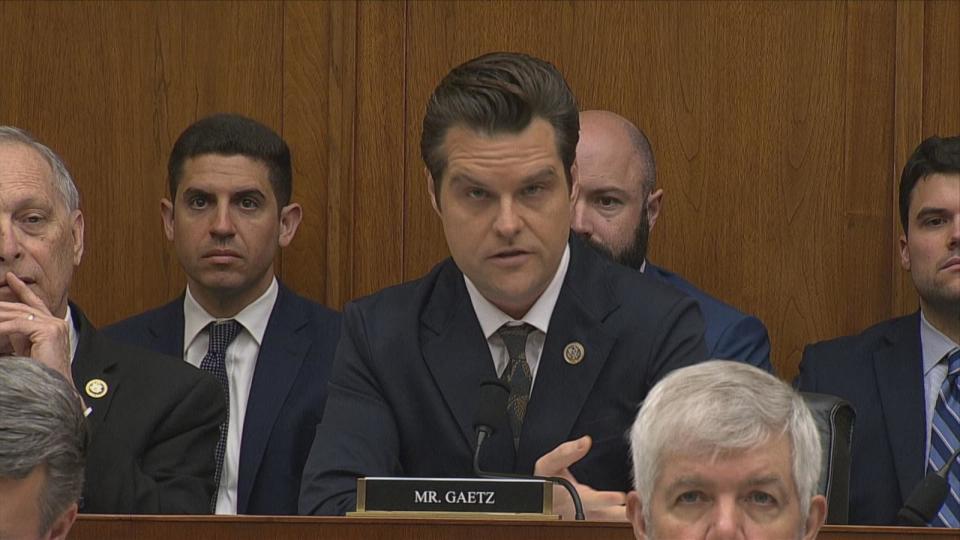 PHOTO: Rep.  Matt Gaetz, R-Fla., speaks during a House Judiciary Committee hearing on the Justice Department, June 4, 2024, on Capitol Hill in Washington.  (POOL/ABC News)