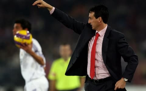 Unai Emery barks instructions during his time at Almeria - Credit: AFP
