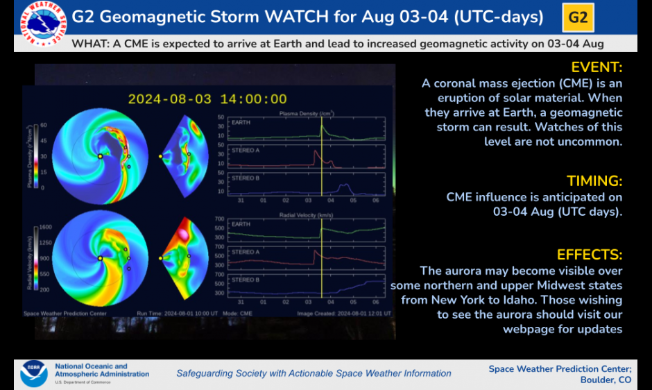 a geomagnetic storm warning shows the predicted path of the incoming CME and details on the event expected on Aug. 3 and Aug. 4.