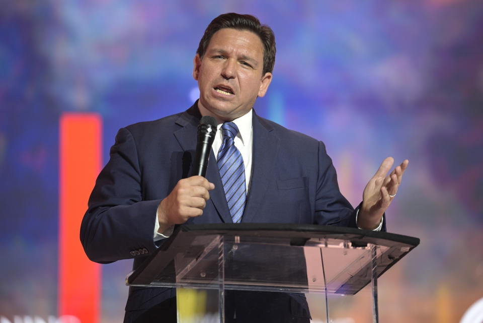 FILE - Florida Gov. Ron DeSantis addresses attendees during the Turning Point USA Student Action Summit, Friday, July 22, 2022, in Tampa, Fla. An historically high number supermajorities in state legislatures has pushed laws further to the edge on abortion, climate and transgender issues. Twenty-eight states have legislatures with majorities so large they could override a gubernatorial veto without any help of the opposing party. (AP Photo/Phelan M. Ebenhack, File)