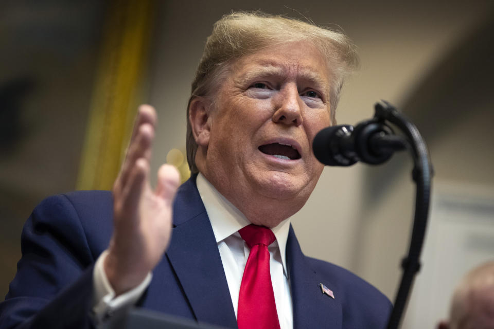 In this Jan. 9, 2020, photo, President Donald Trump speaks on proposed changes to the National Environmental Policy Act, at the White House in Washington. (AP Photo/ Evan Vucci)