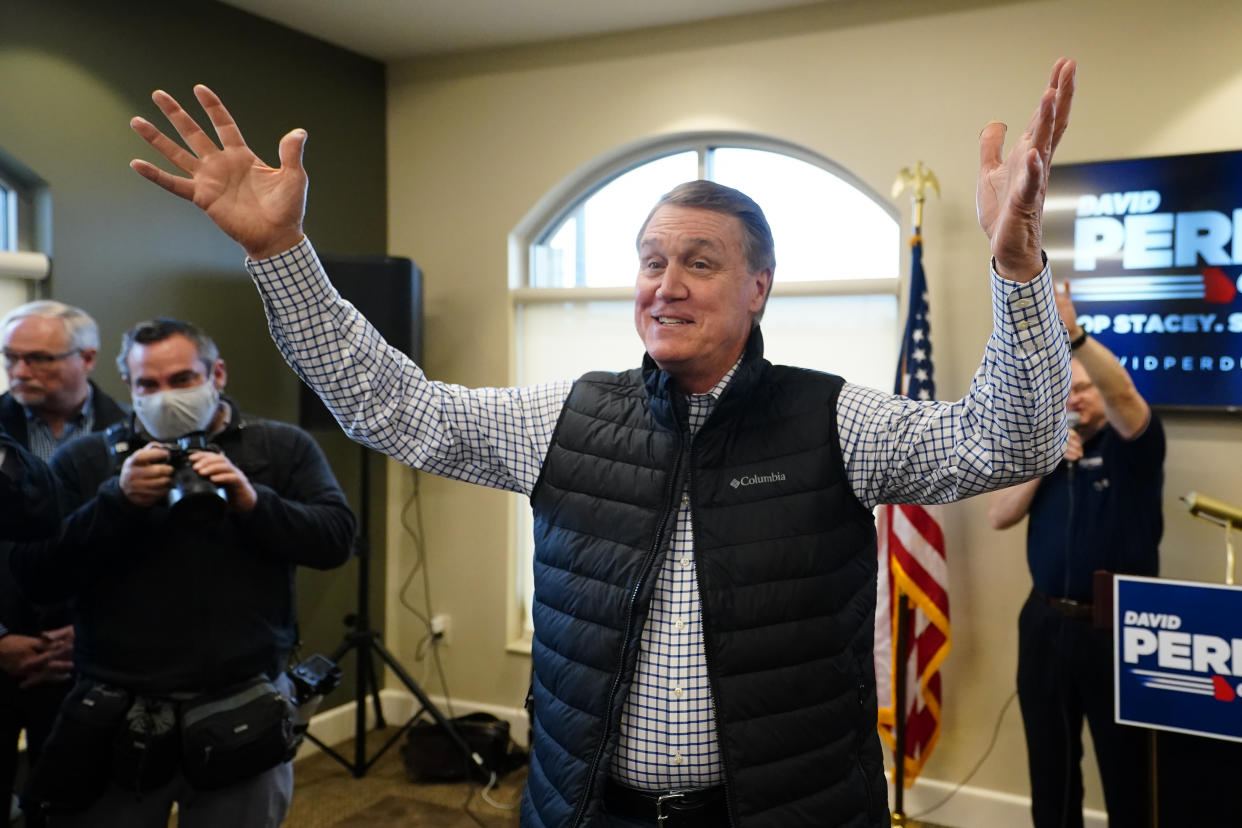 Republican candidate for Georgia Governor former Sen. David Perdue arrives to speaks at a campaign stop at the Covington airport Wednesday, Feb. 2, 2022, in Covington, Ga. (AP Photo/John Bazemore, file)