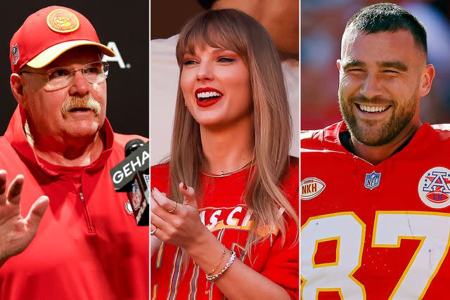 <p>Don Juan Moore/Getty, David Eulitt/Getty (2)</p> Head Coach Andy Reid, Taylor Swift, Travis Kelce