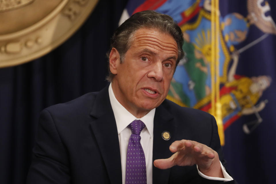 Gov. Andrew Cuomo speaks during a news conference in New York on Monday, April 19, 2021. New York’s comptroller has asked the state attorney general’s office to launch a criminal investigation into whether the governor used state resources to write and promote his book on leadership in the COVID-19 pandemic. (Shannon Stapleton/Pool via AP)