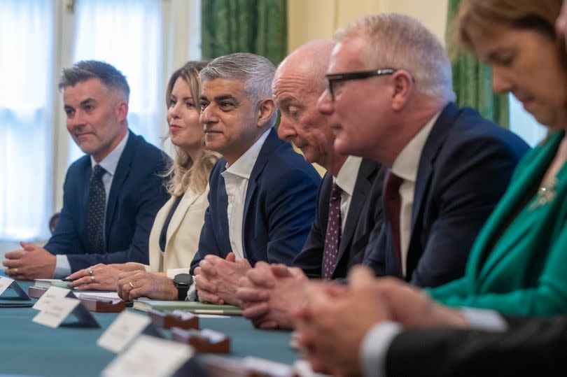 Sadiq Khan Mayor of London (third left), Pat McFadden (centre) Chancellor of the Duchy of Lancaster and Richard Parker (second right) Mayor of the West Midlands, during a meeting with English regional mayors hosted by Prime Minister Sir Keir Starmer, at 10 Downing Street