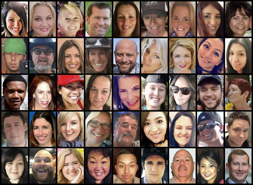 <p>This photo combination shows some of the victims of the mass shooting that occurred at a country music festival in Las Vegas on Sunday, Oct. 1, 2017. Top row from left are: Hannah Ahlers, Heather Warino Alvarado, Carrie Barnette, Steven Berger, Candice Bowers, Denise Burditus, Sandy Casey, Andrea Castilla and Denise Cohen. Second row from left are: Austin Davis, Tom Day Jr., Christiana Duarte, Stacee Etcheber, Brian Fraser, Keri Lynn Galvan, Dana Gardner, Angie Gomez and Rocio Guillen. Third row from left are: Charleston Hartfield, Jennifer Topaz Irvine, Nicol Kimura, Jessica Klymchuk, Rhonda LeRocque, Kelsey Meadows, Calla Medig, Sonny Melton and Pati Mestas. Fourth row from left are: Adrian Murfitt, Rachael Parker, Carrie Parsons, Lisa Patterson, John Phippen, Melissa Ramirez, Jordyn Rivera, Quinton Robbins and Cameron Robinson. Bottom row from left are: Lisa Romero-Muniz, Christopher Roybal, Bailey Schweitzer, Laura Shipp, Erick Silva, Brennan Stewart, Derrick Taylor, Michelle Vo and Bill Wolfe Jr. (AP Photo) </p>