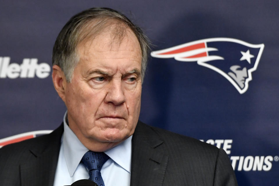 New England Patriots head coach Bill Belichick meets with reporters after an NFL football game against the Buffalo Bills in Orchard Park, NY., Sunday, Dec. 31, 2023. (AP Photo/Adrian Kraus)